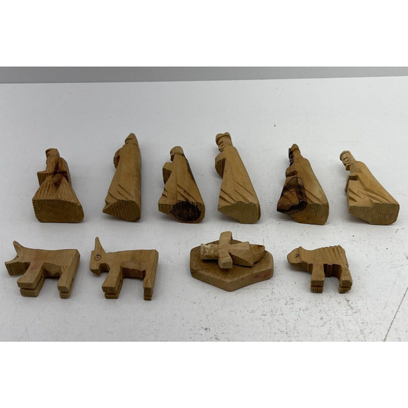 VTG Hand Carved Bethlehem Olive Wood Christmas Holy Nativity Set of 11 - Picture 9 of 11